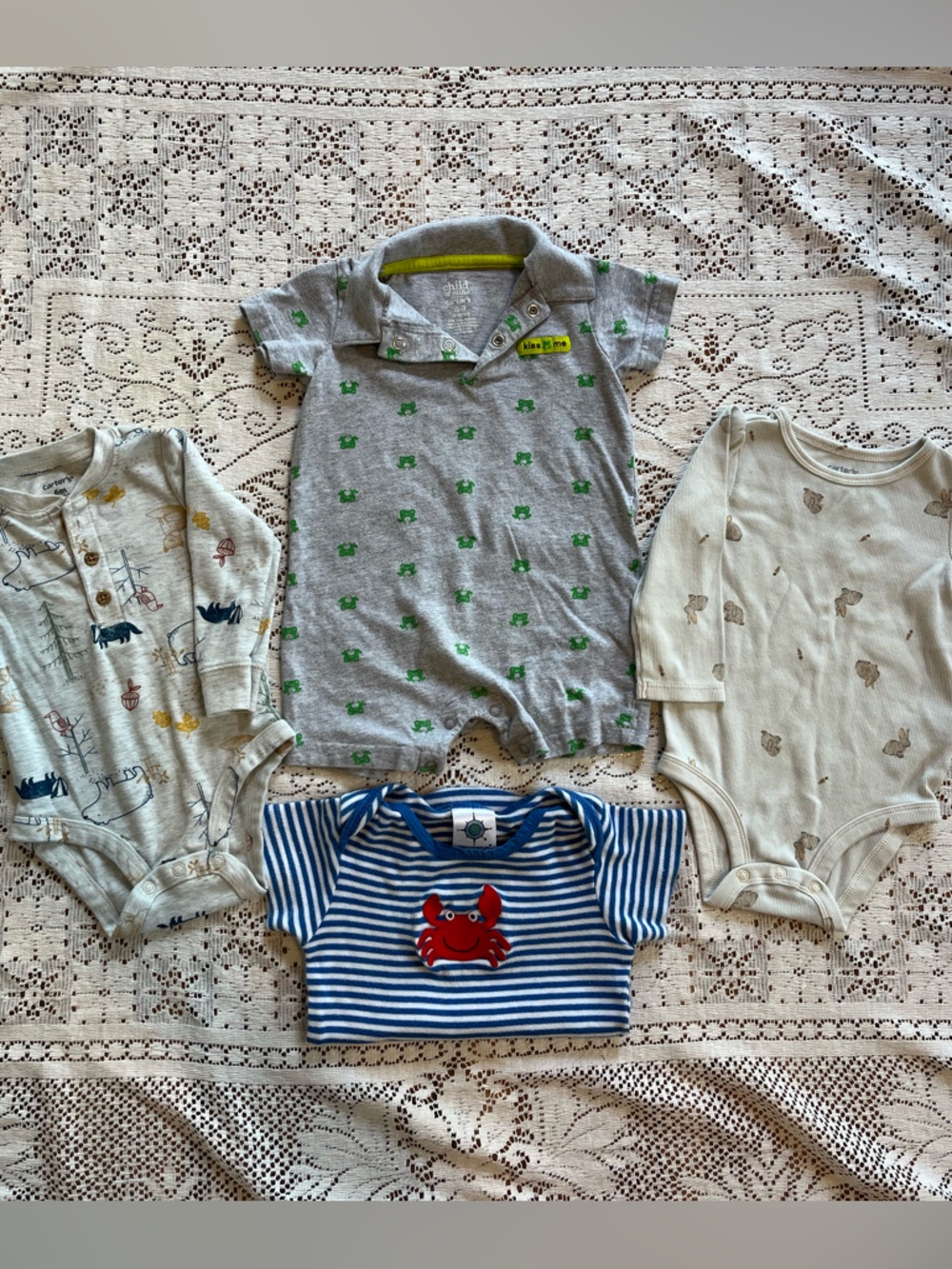 Lot of 4 infant baby boy 6-9mo summer bundle animal theme. Romper + bodysuits